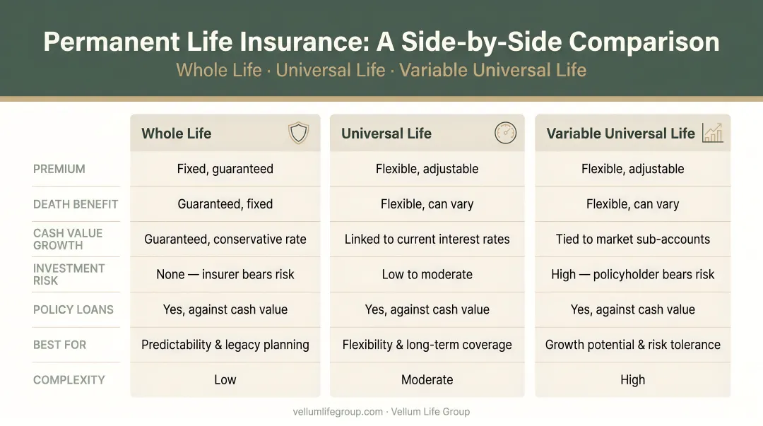 Three permanent life insurance types whole life universal life and variable universal life comparison