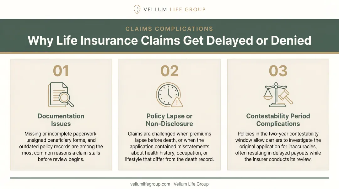 Three categories of life insurance claim complications delay reduction and denial