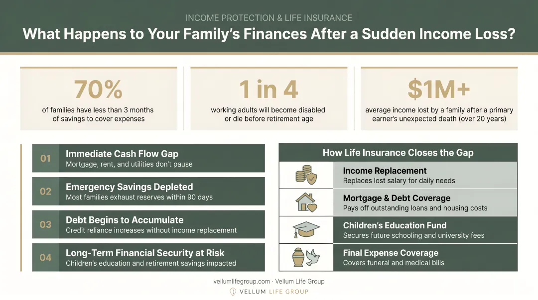 Family reviewing household finances at kitchen table after sudden income loss