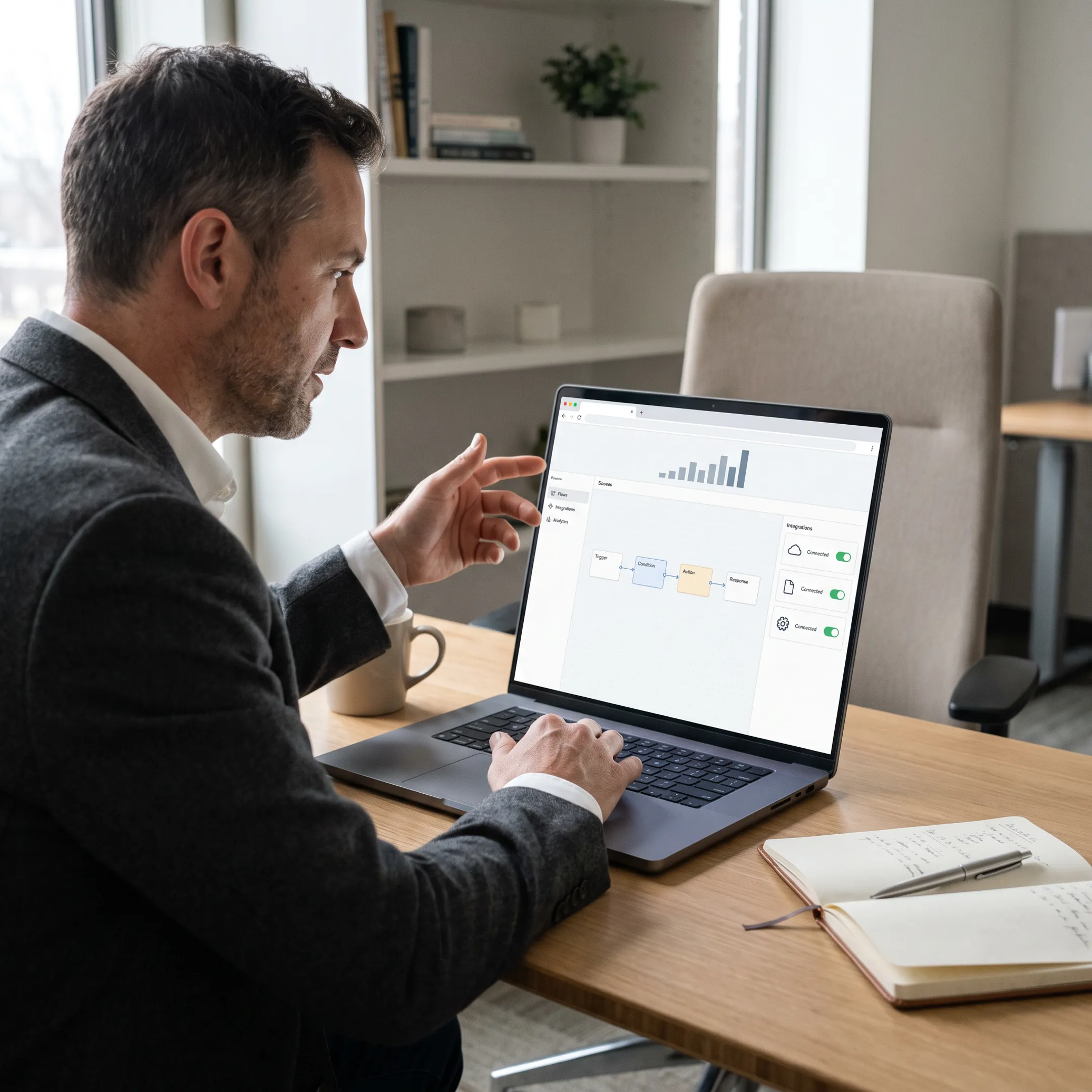 Team member reviewing an AI chatbot workflow on a laptop