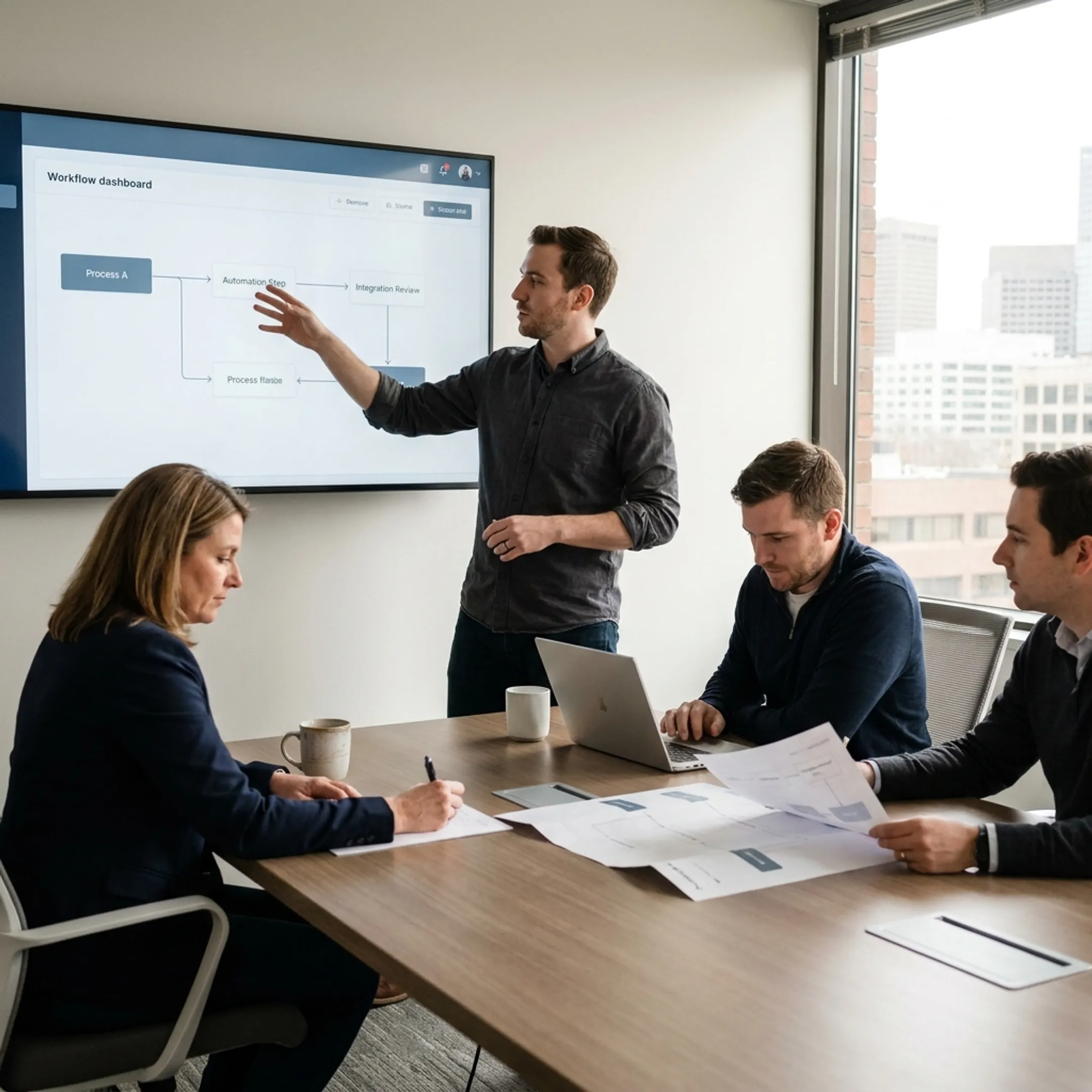 Developer presenting a custom business software dashboard to a client