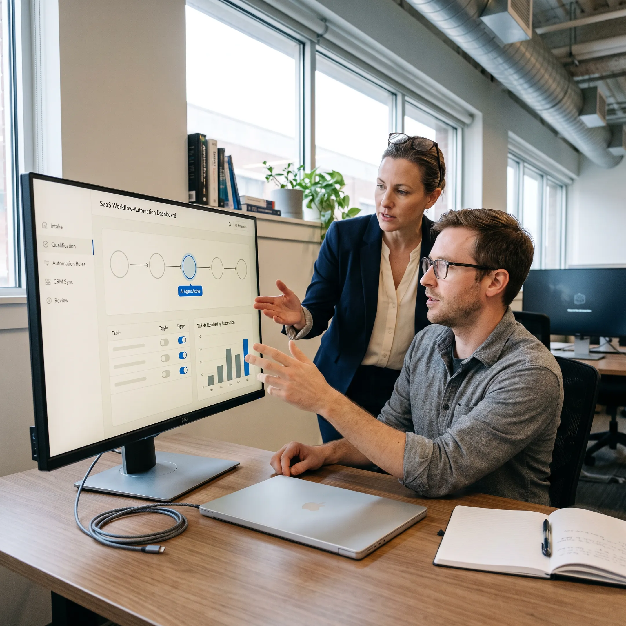 Custom software developer reviewing a workflow dashboard with a Boston business team