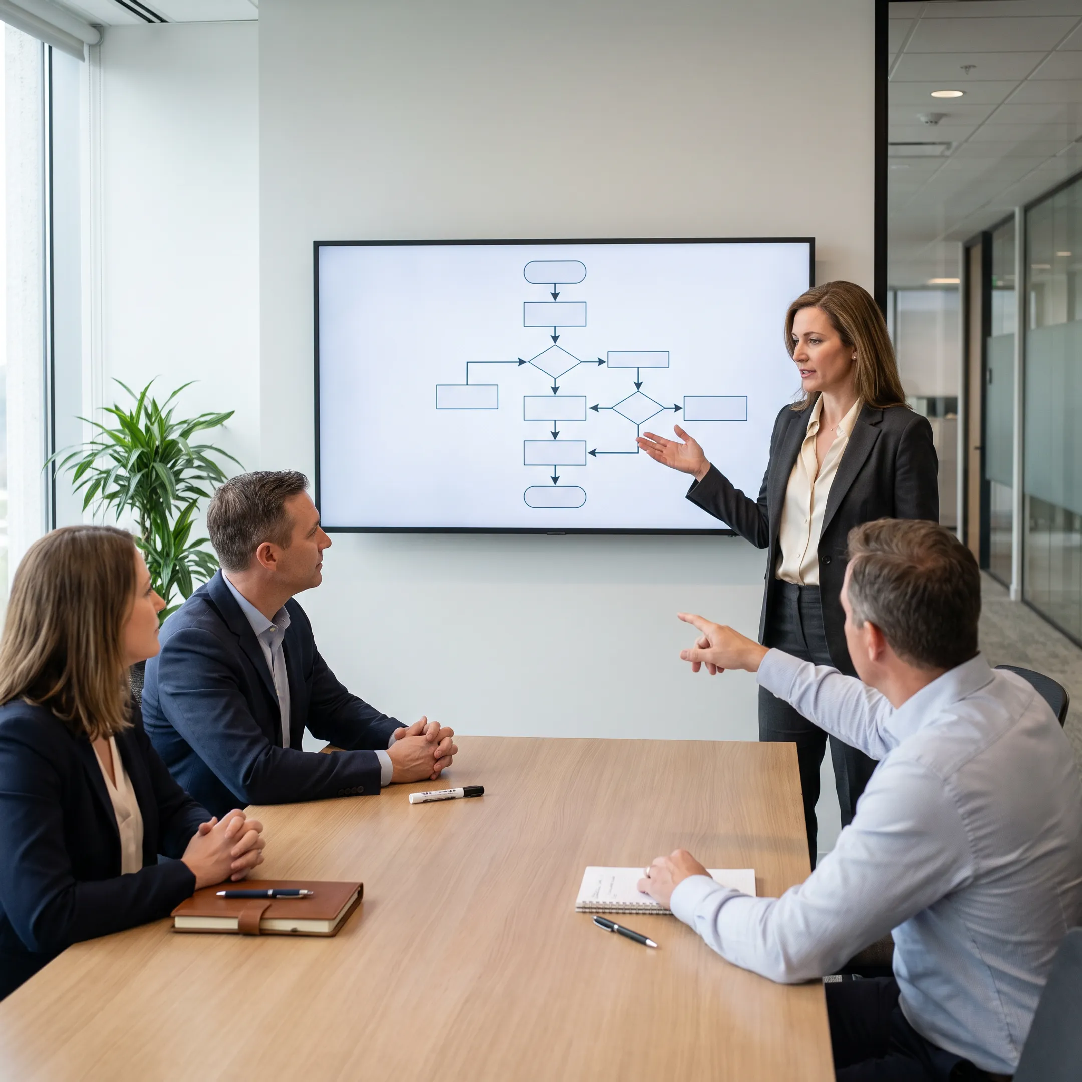 Consultant reviewing conversational AI workflow with business team