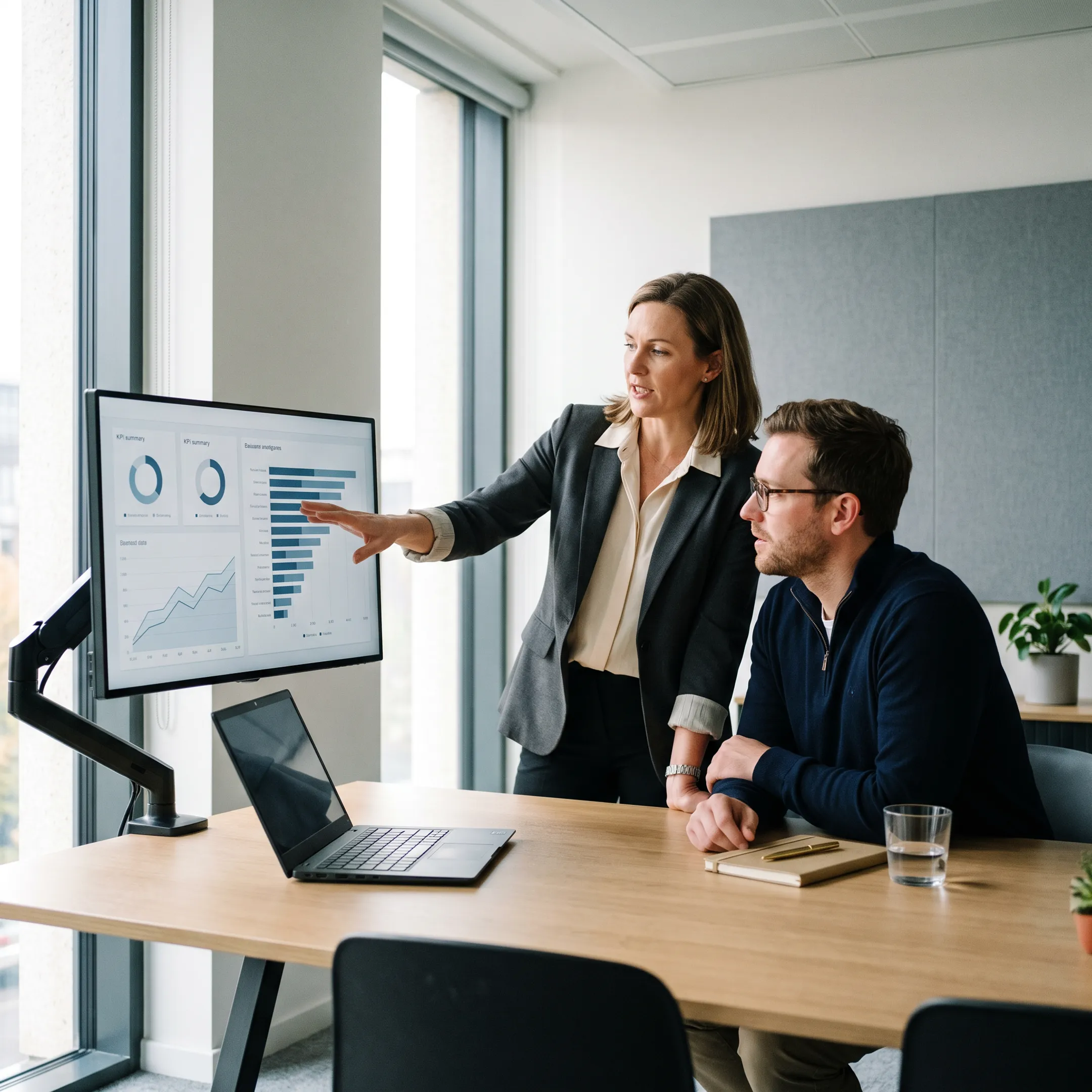 Consultant reviewing a business intelligence dashboard with a client