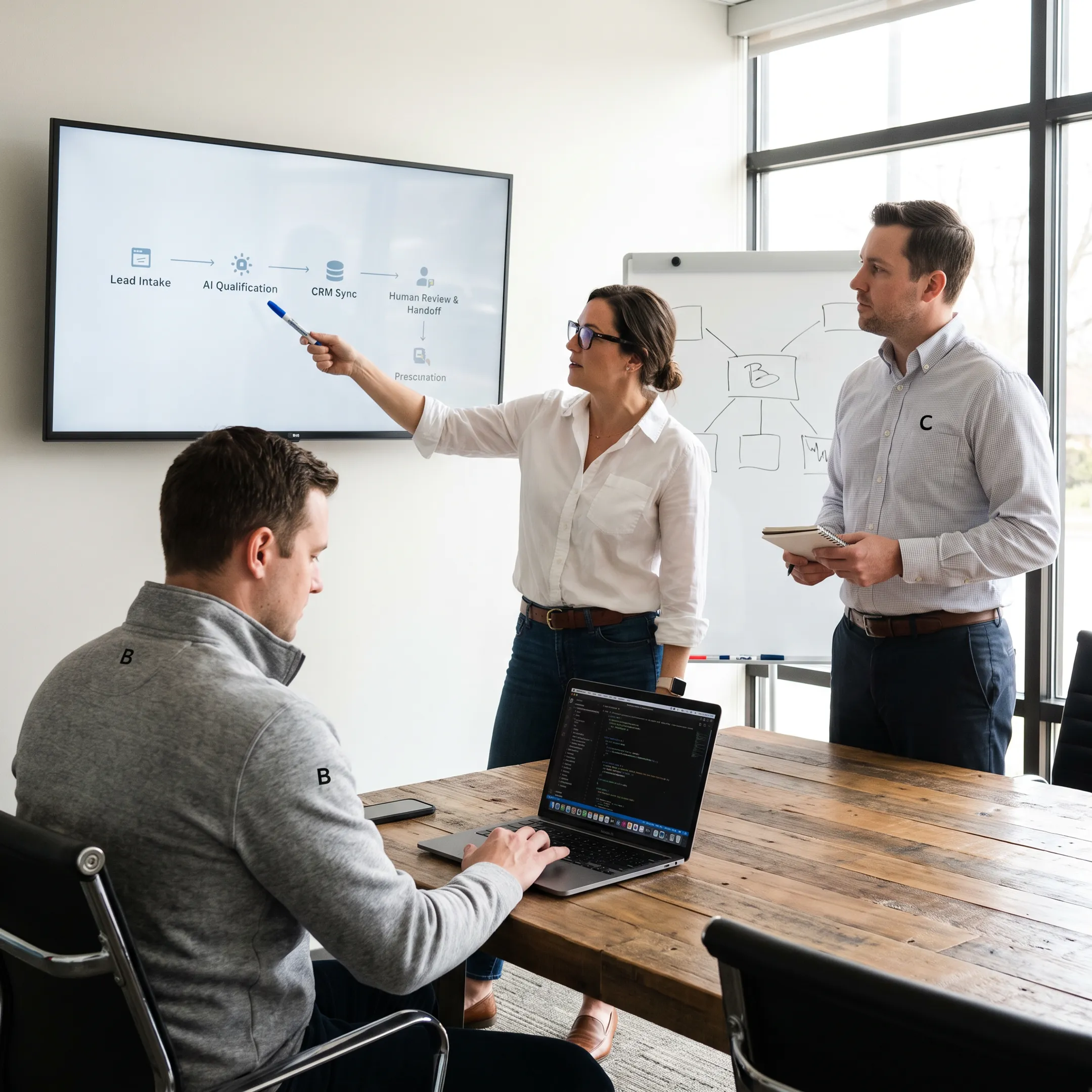 Software development team collaborating on a custom business application
