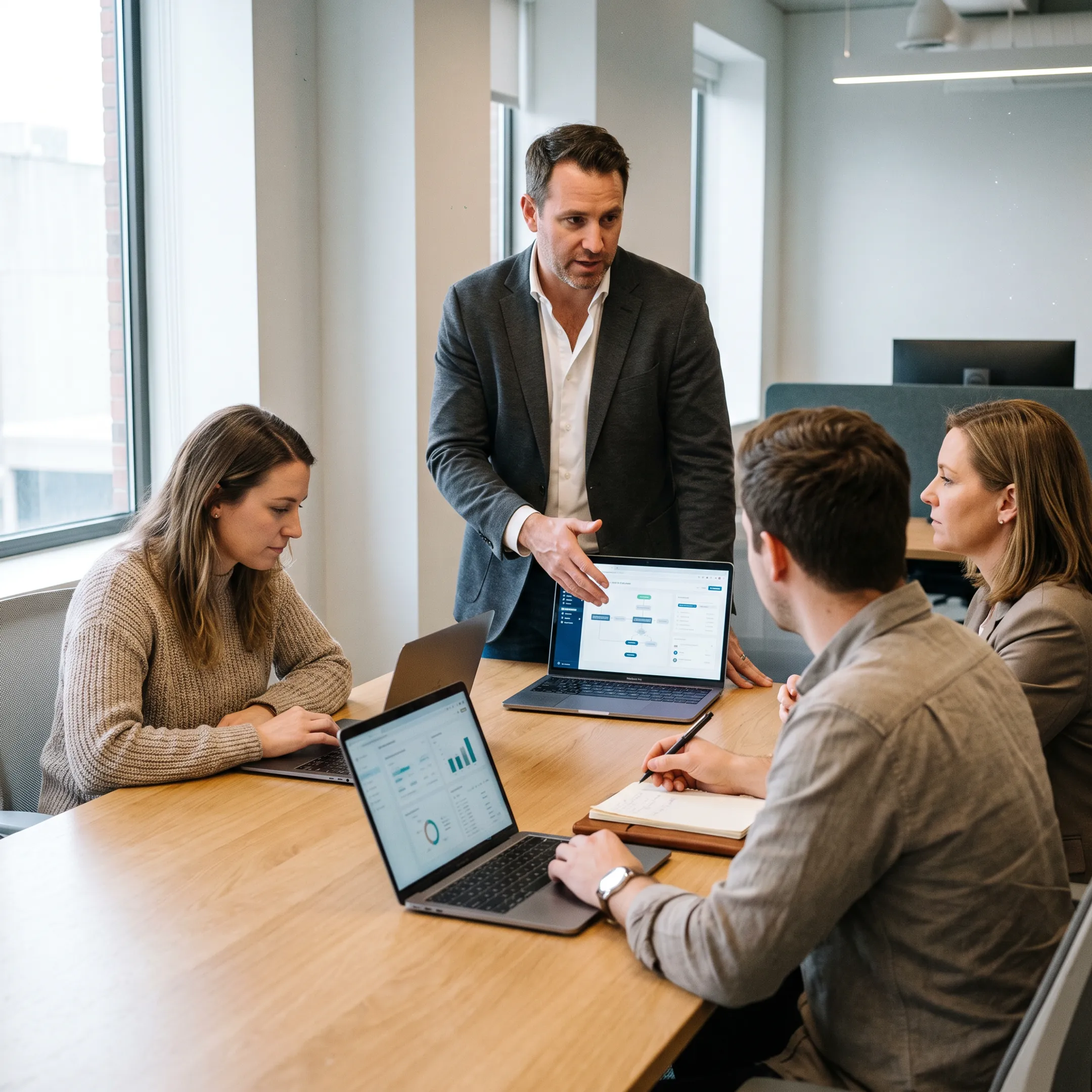 Consultant reviewing Microsoft Copilot workflow opportunities with a business team