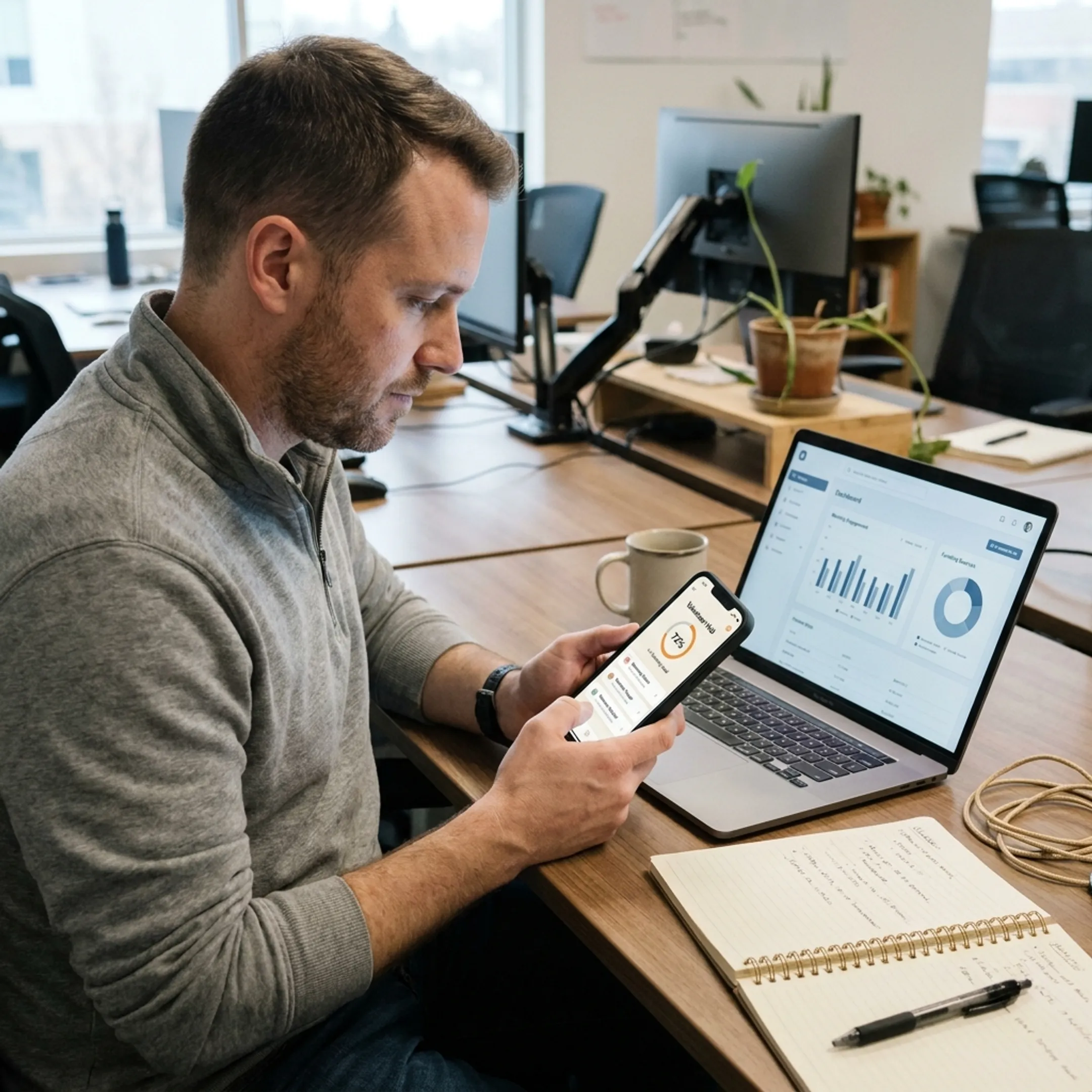 Developer demonstrating a nonprofit mobile application on a smartphone