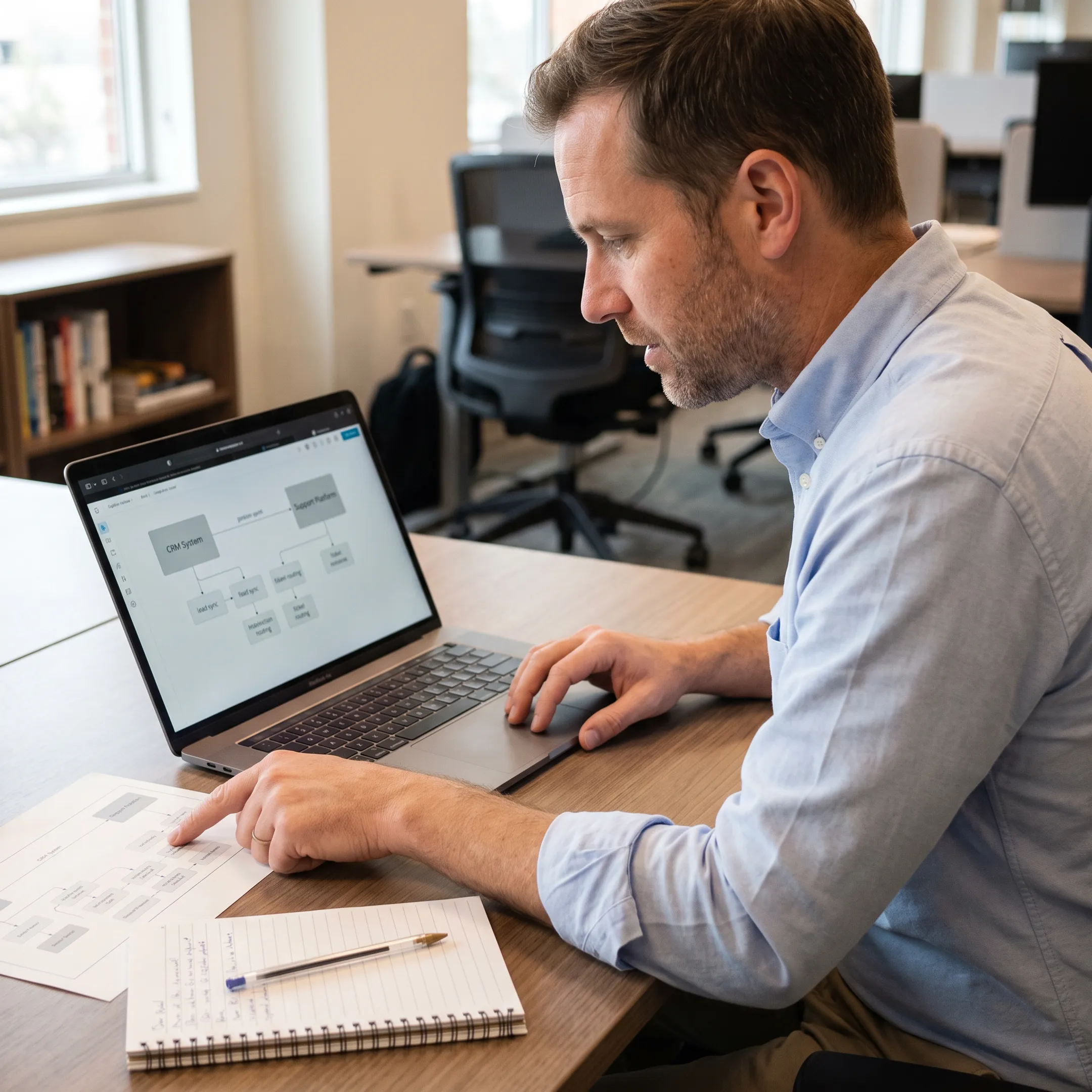 Consultant reviewing HubSpot and Intercom integration workflow on a laptop