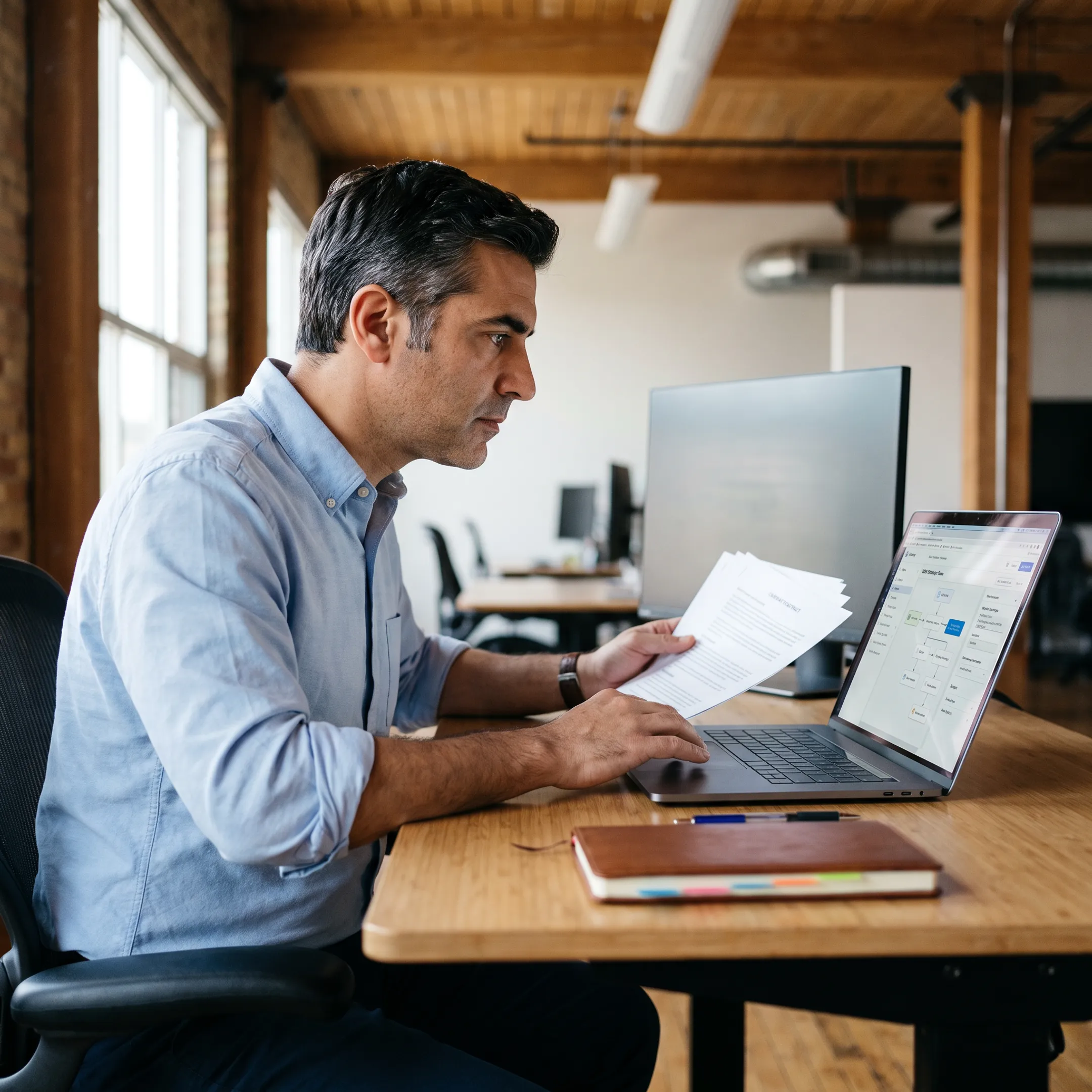 Consultant reviewing Salesforce Conga contract documents and workflow automation on a laptop