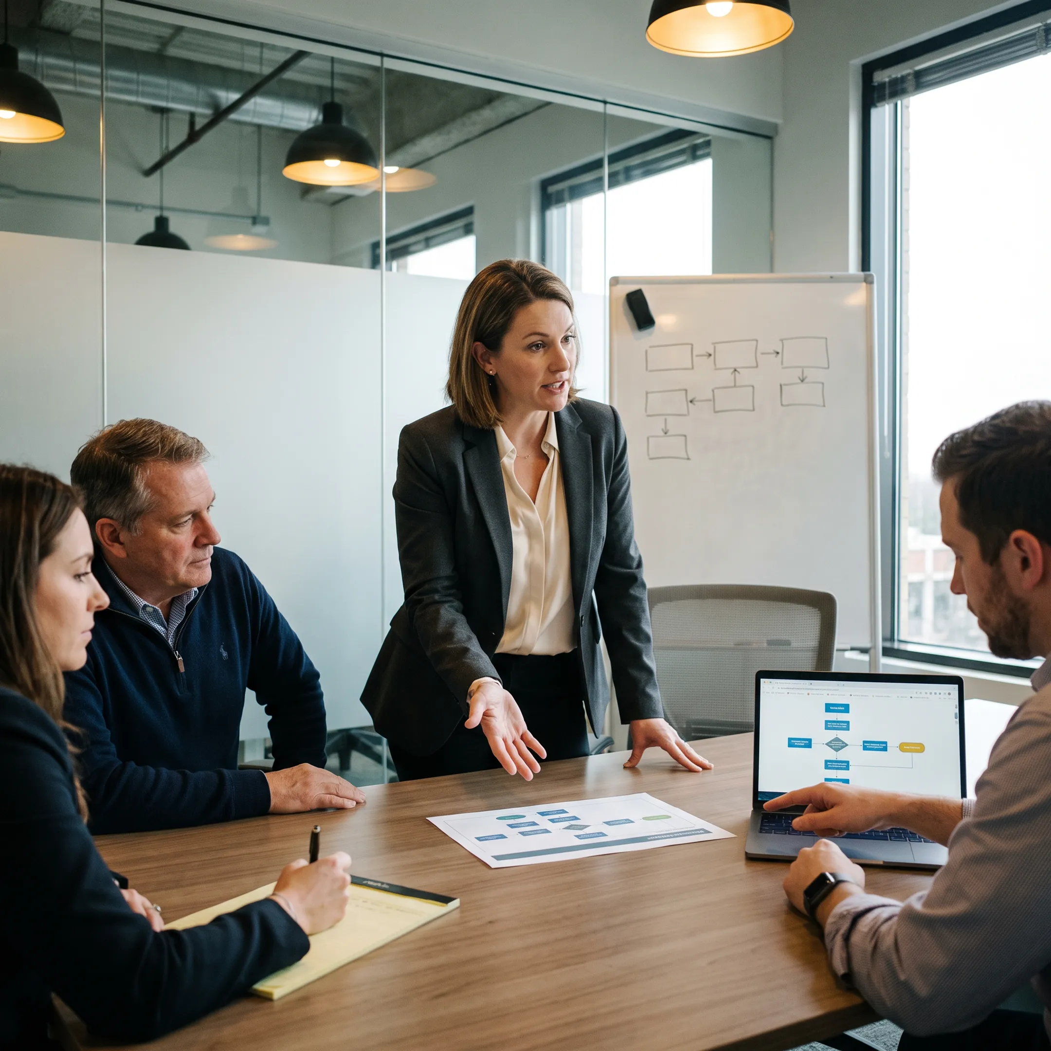 Consultant mapping CRM workflows with business leaders