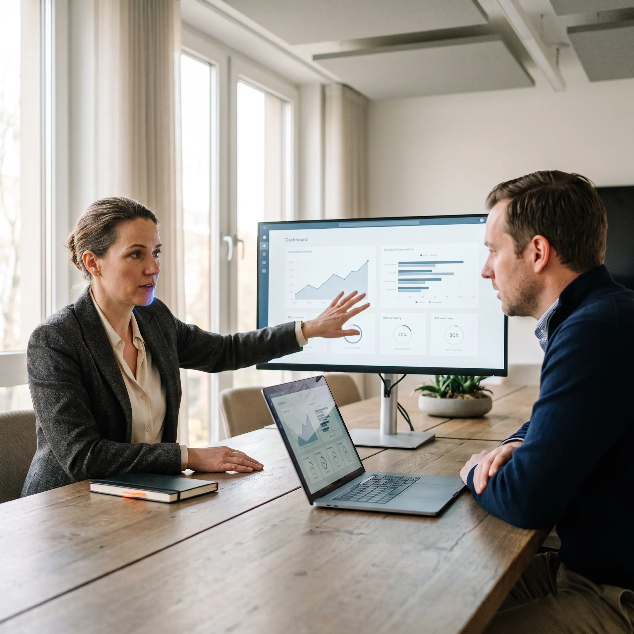 Analyst reviewing predictive analytics dashboards and business performance data