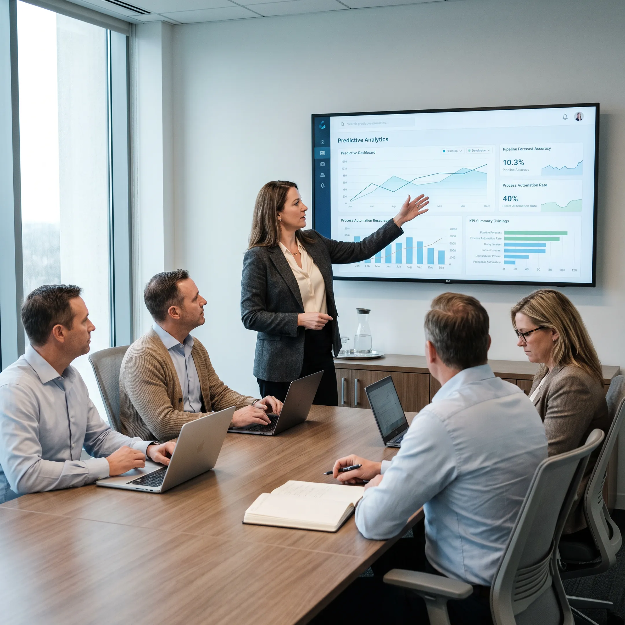 Business team reviewing predictive analytics dashboard insights