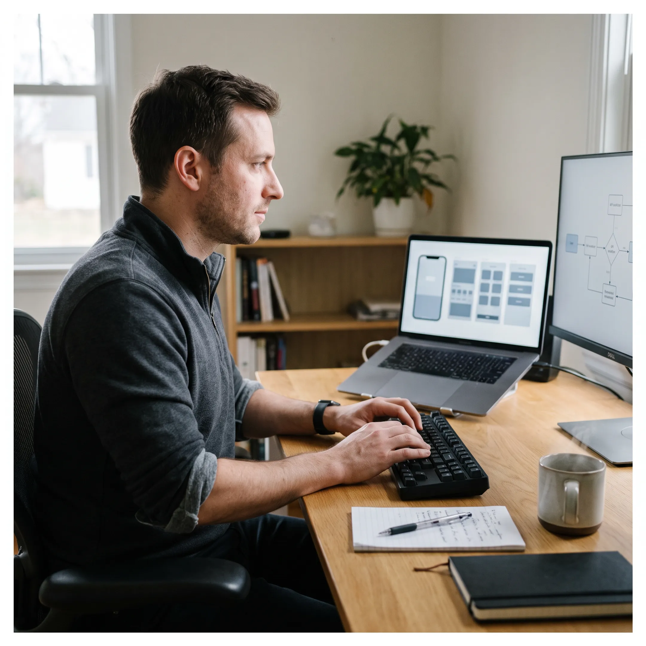 React Native developer building a mobile business application on a laptop
