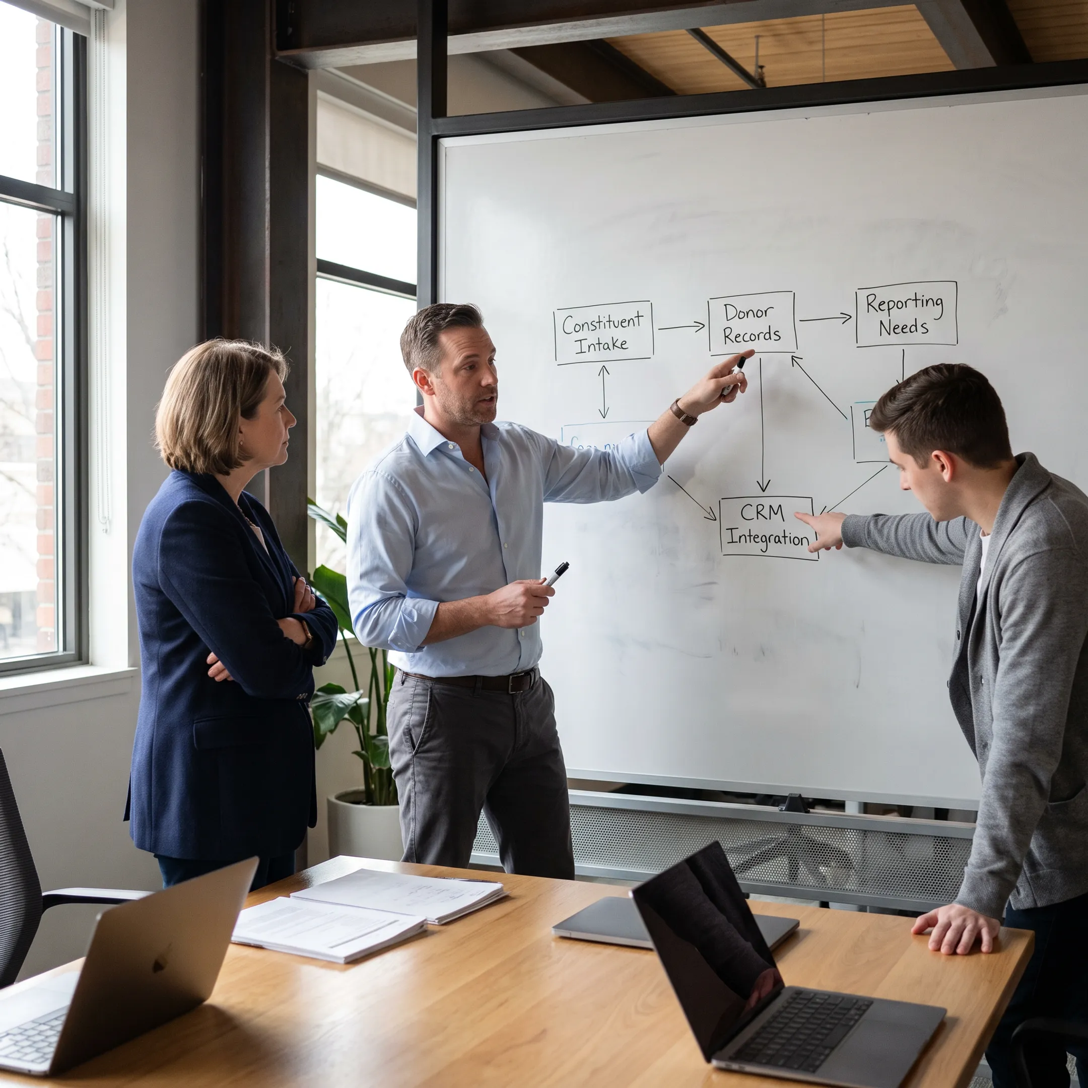 Consultant mapping nonprofit CRM workflows on a whiteboard