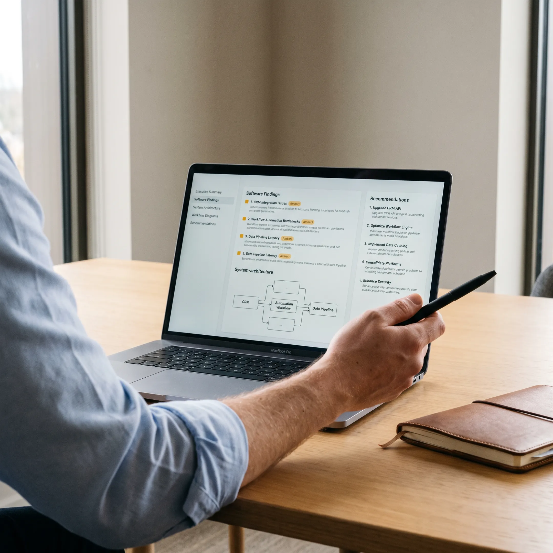 Technology due diligence findings presented on a laptop beside workflow and system diagrams