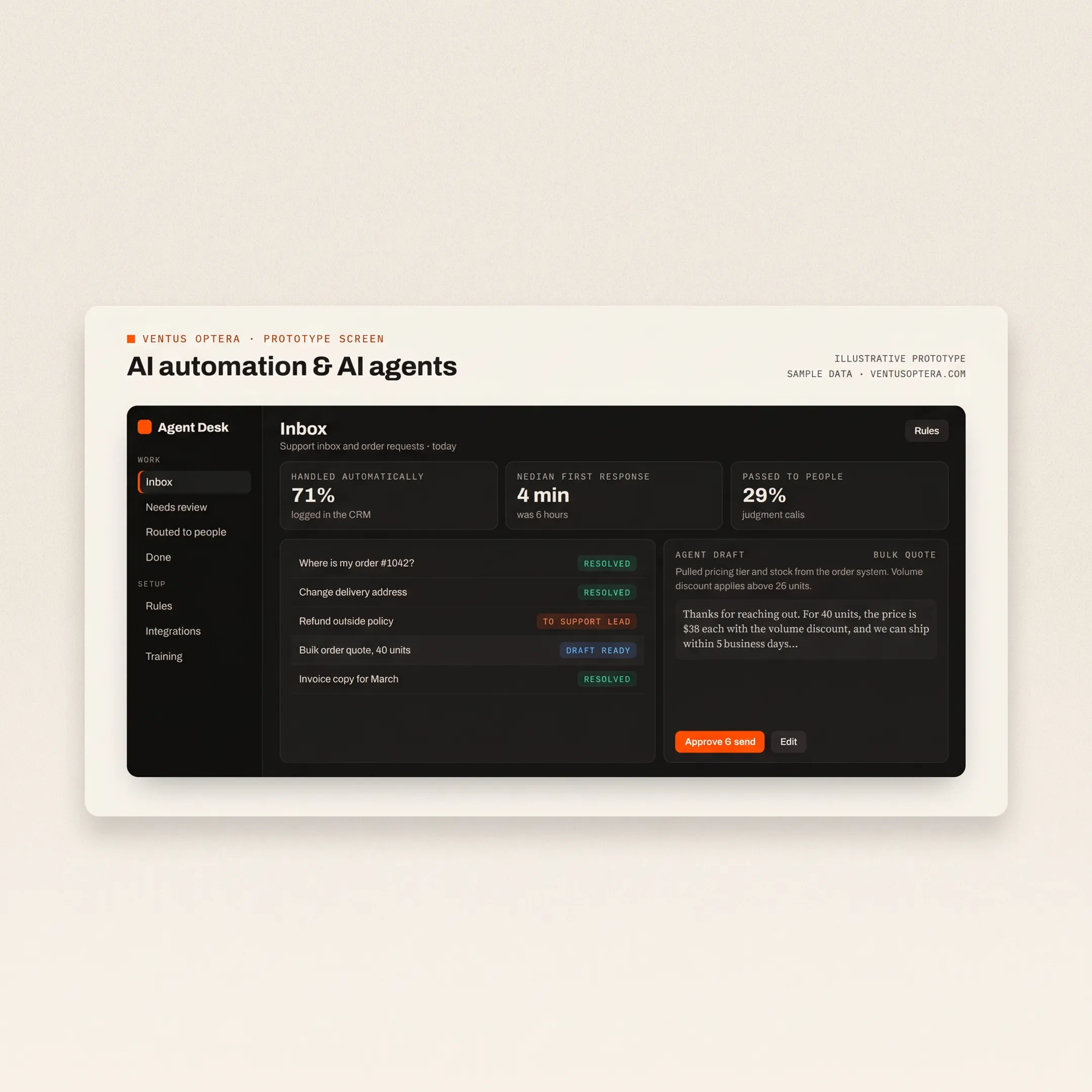 AI agent development team reviewing an automated business workflow on a laptop