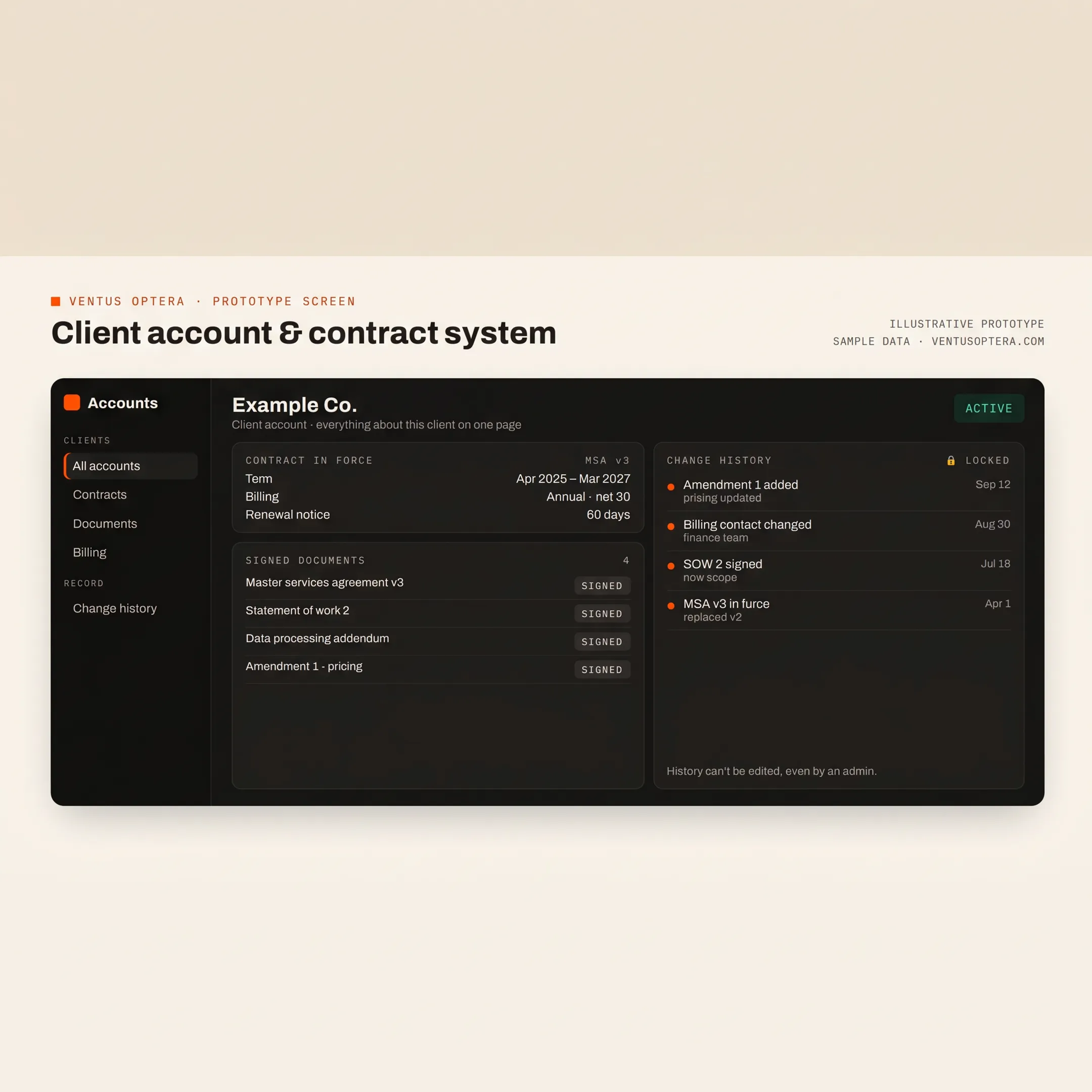 Custom CRM showing accounts, contracts, and customer activity