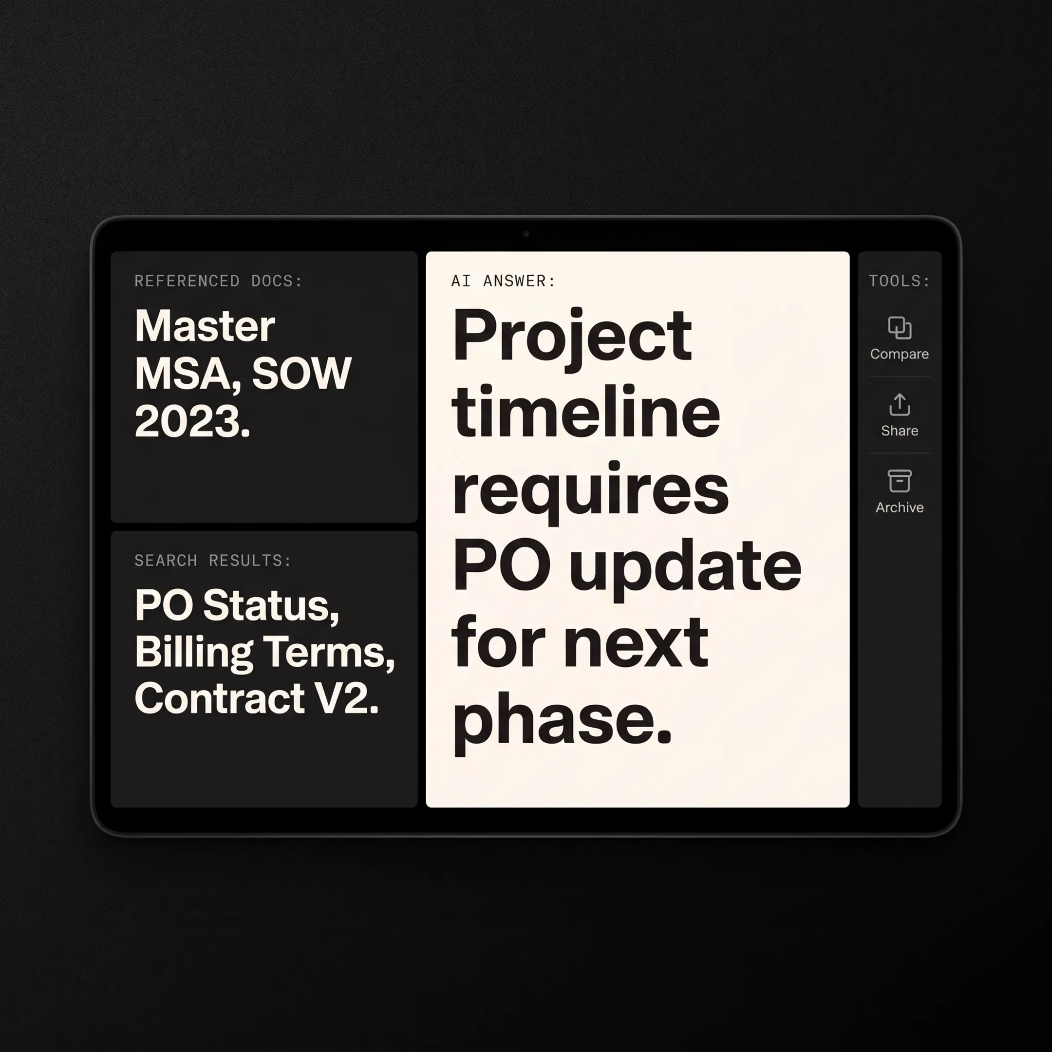 Custom RAG interface showing an AI answer supported by business knowledge sources