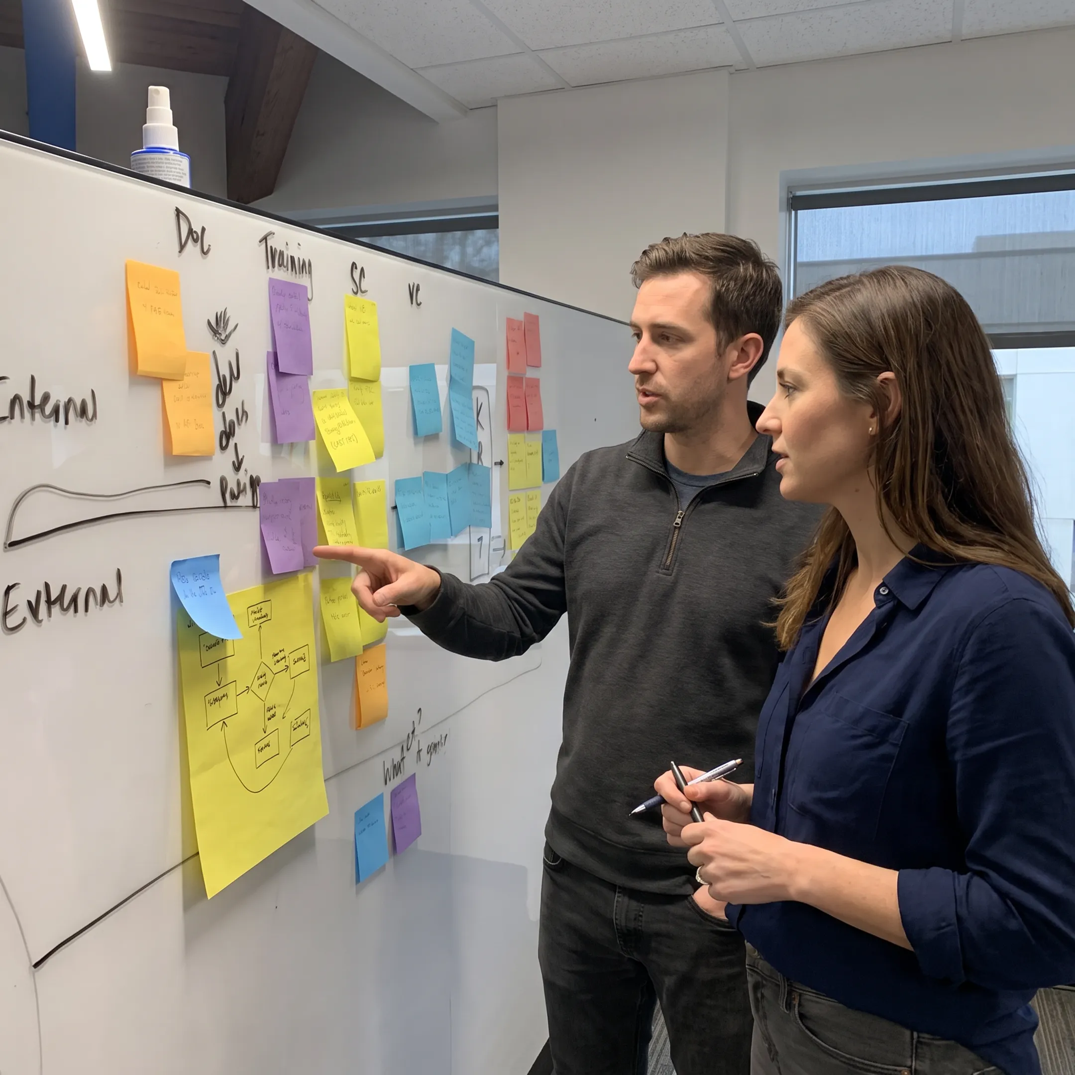 Startup founder reviewing product plans with a fractional CTO at a laptop