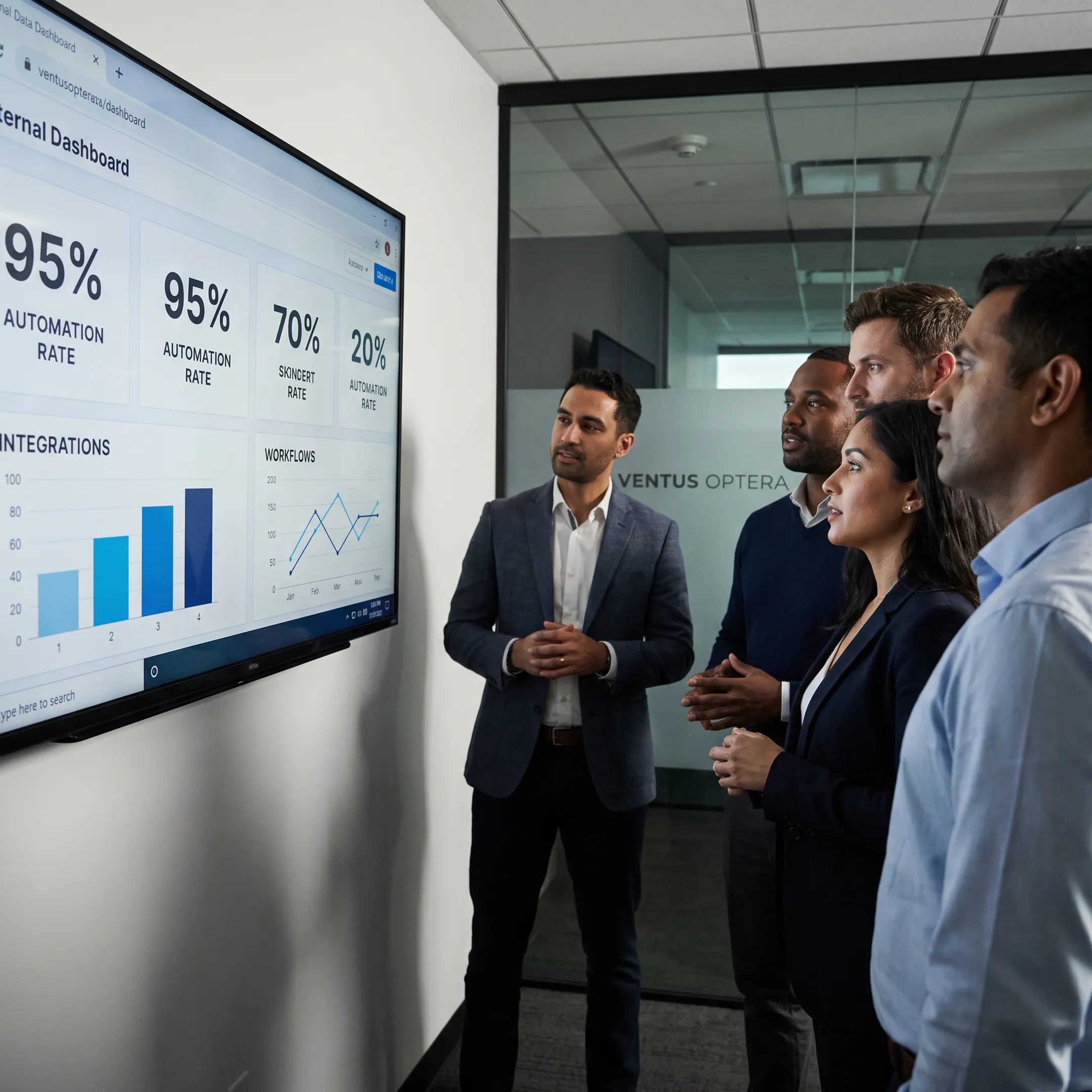 Enterprise team reviewing a custom LLM workflow dashboard with an AI development specialist