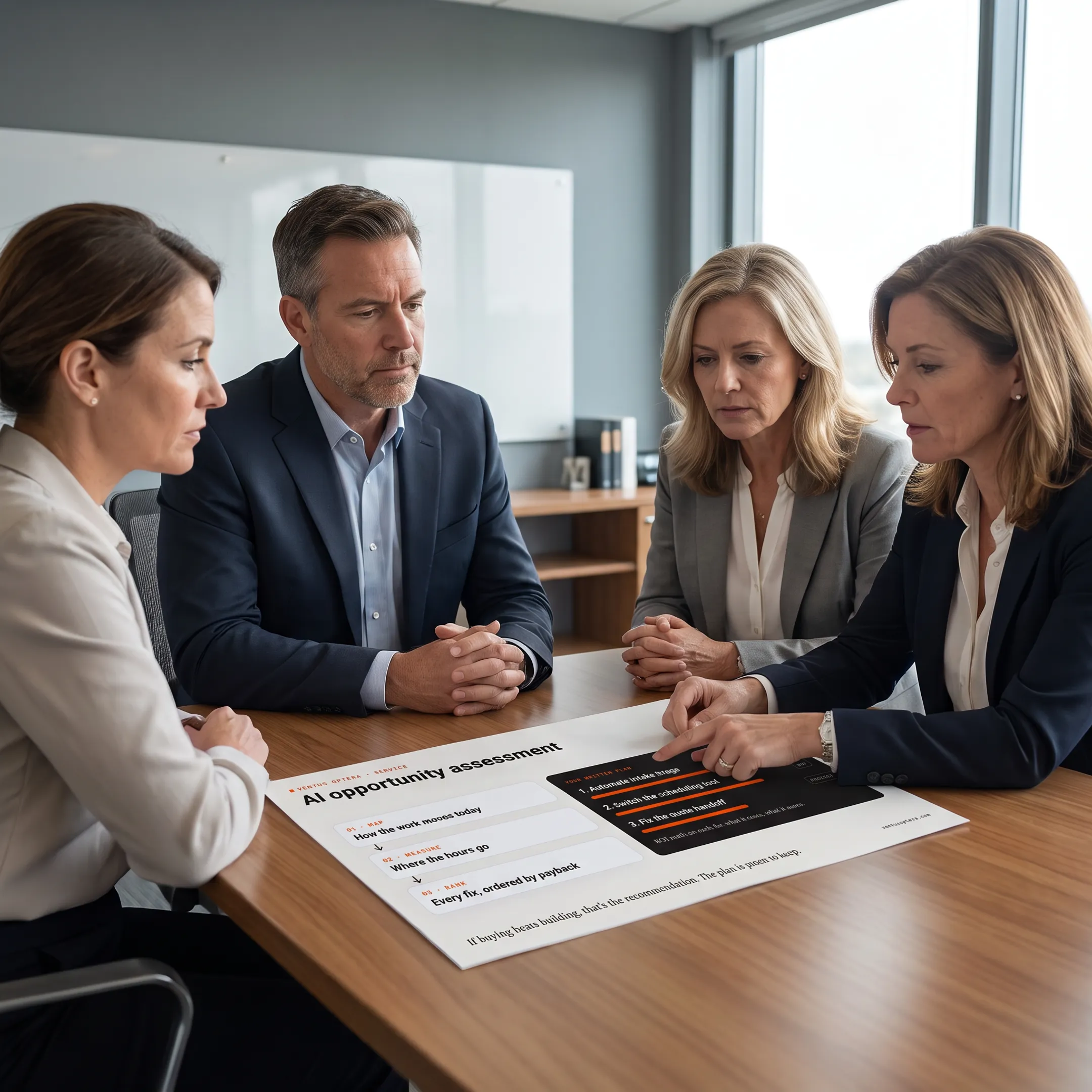Consultant mapping AI opportunities with business leaders around a laptop