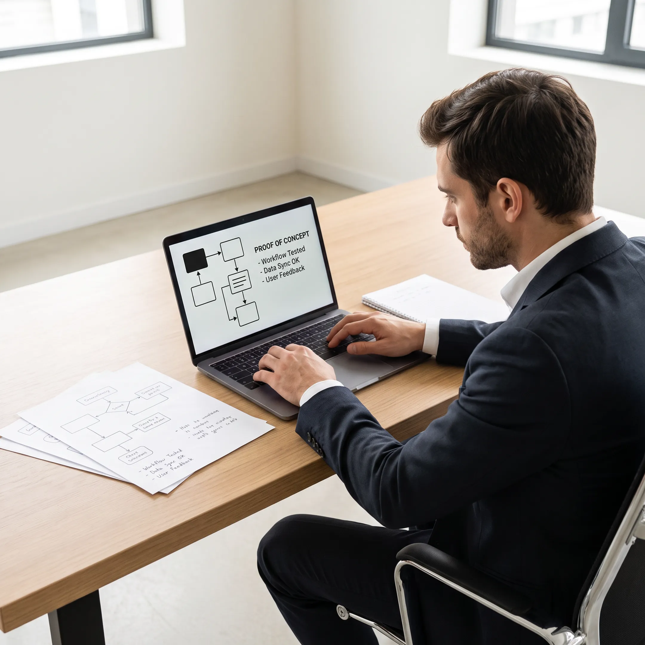 Developer reviewing a working software prototype on a laptop