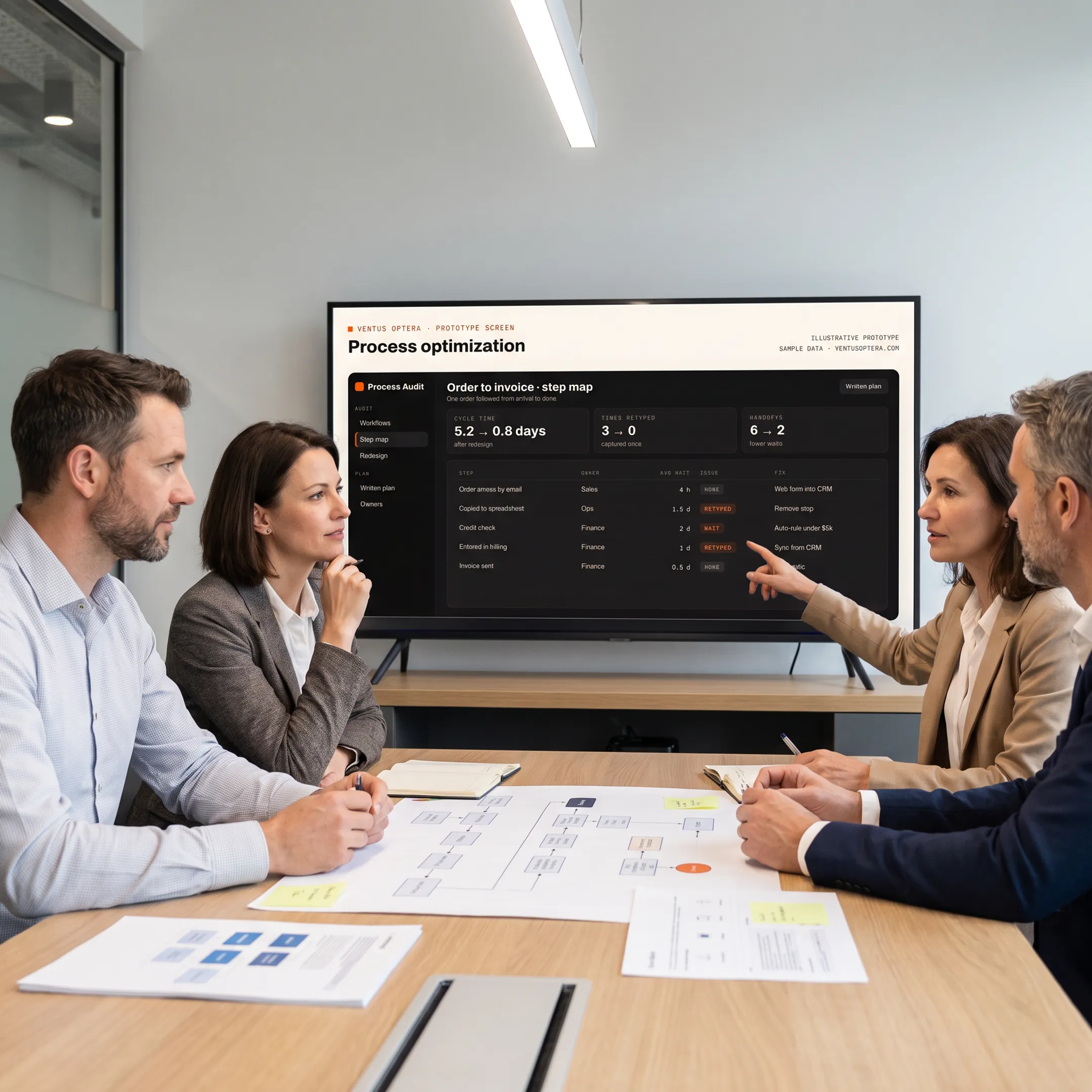 Consultant mapping business workflows with a team around a planning table