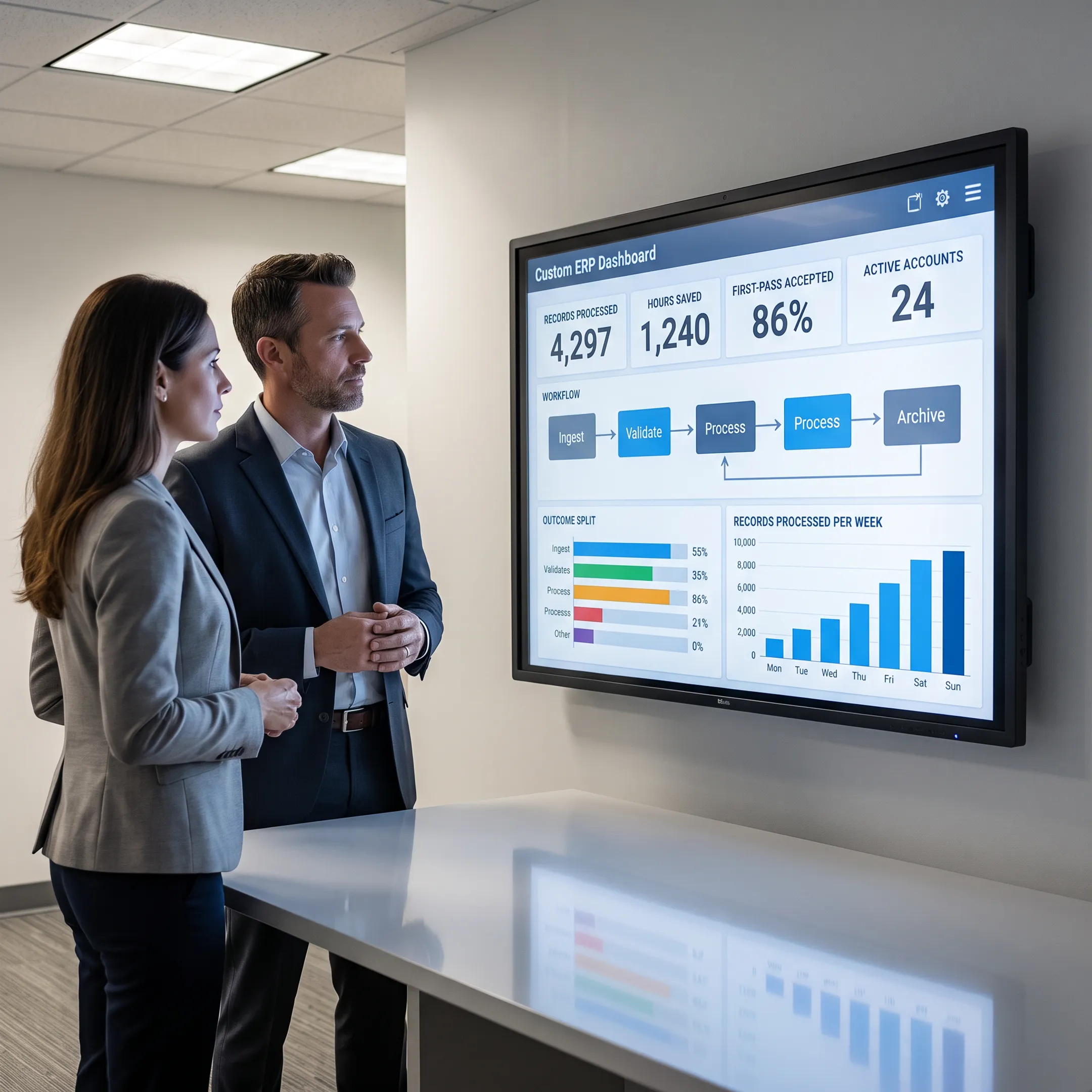 Team reviewing a custom ERP software dashboard on a laptop