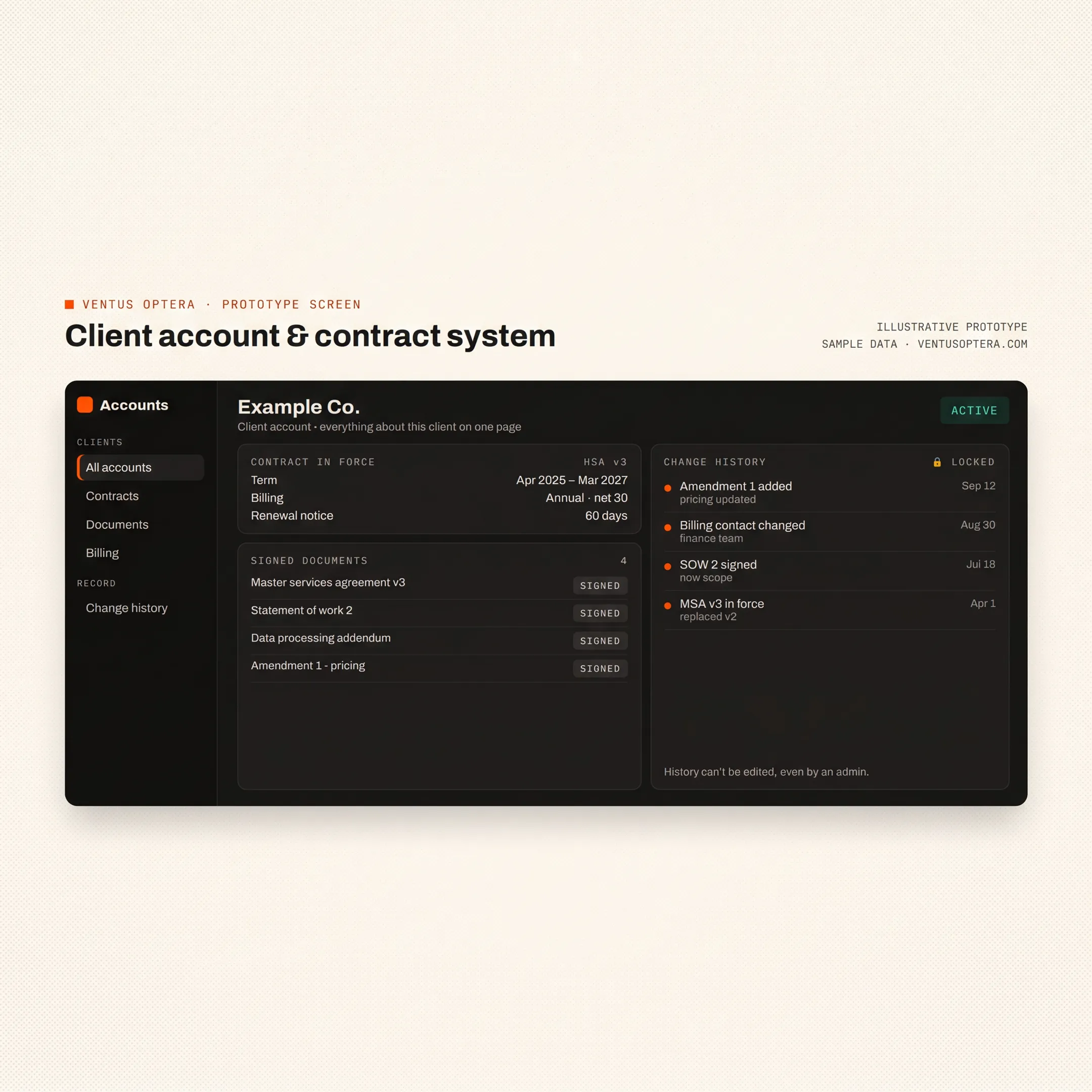 Custom financial software showing contracts, billing details, and business reporting