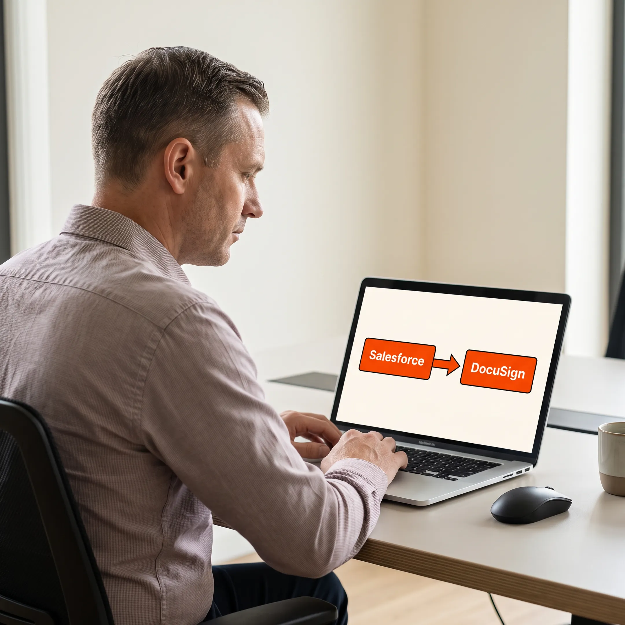 Consultant reviewing a Salesforce and DocuSign integration workflow on a laptop