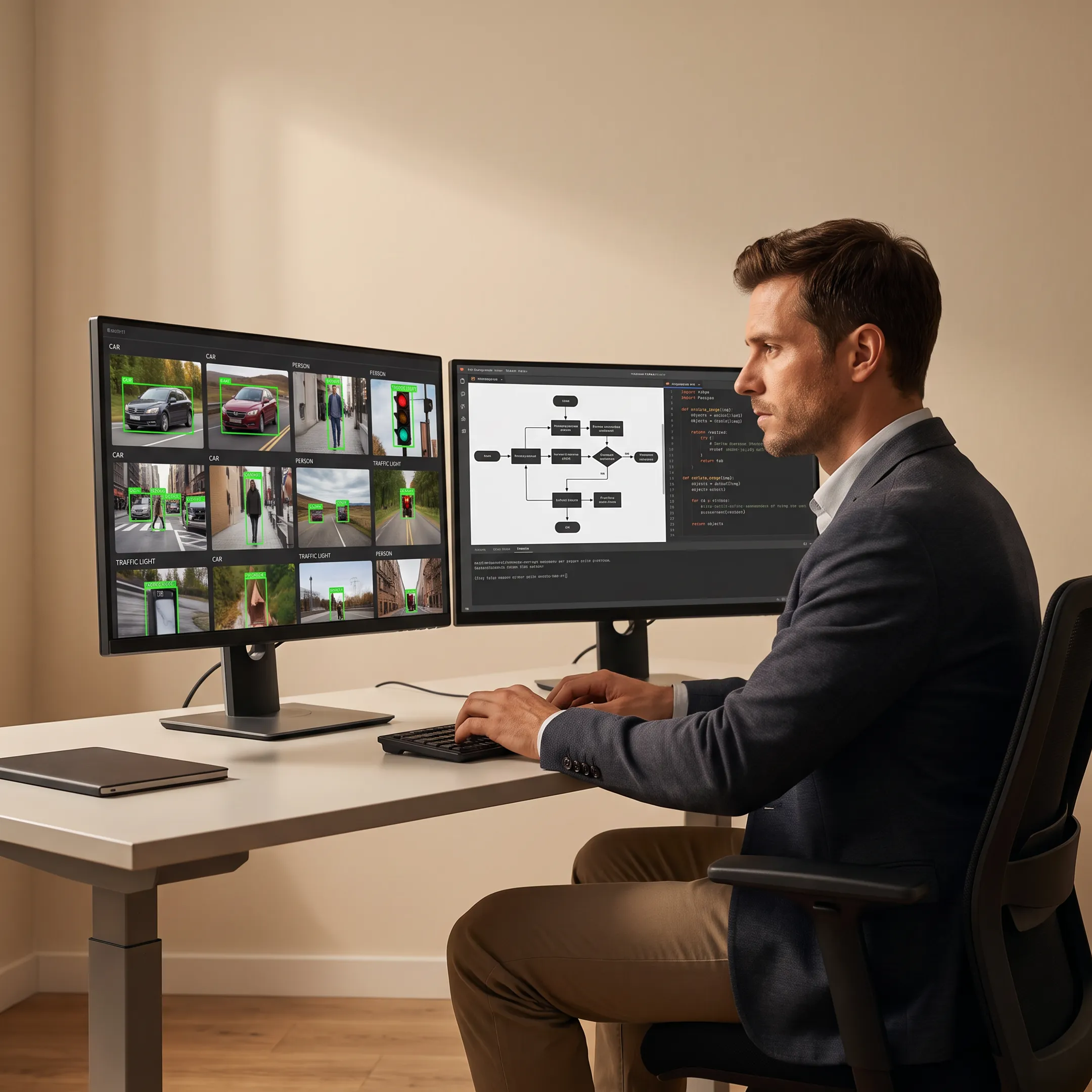 Developer reviewing computer vision software interface on a monitor
