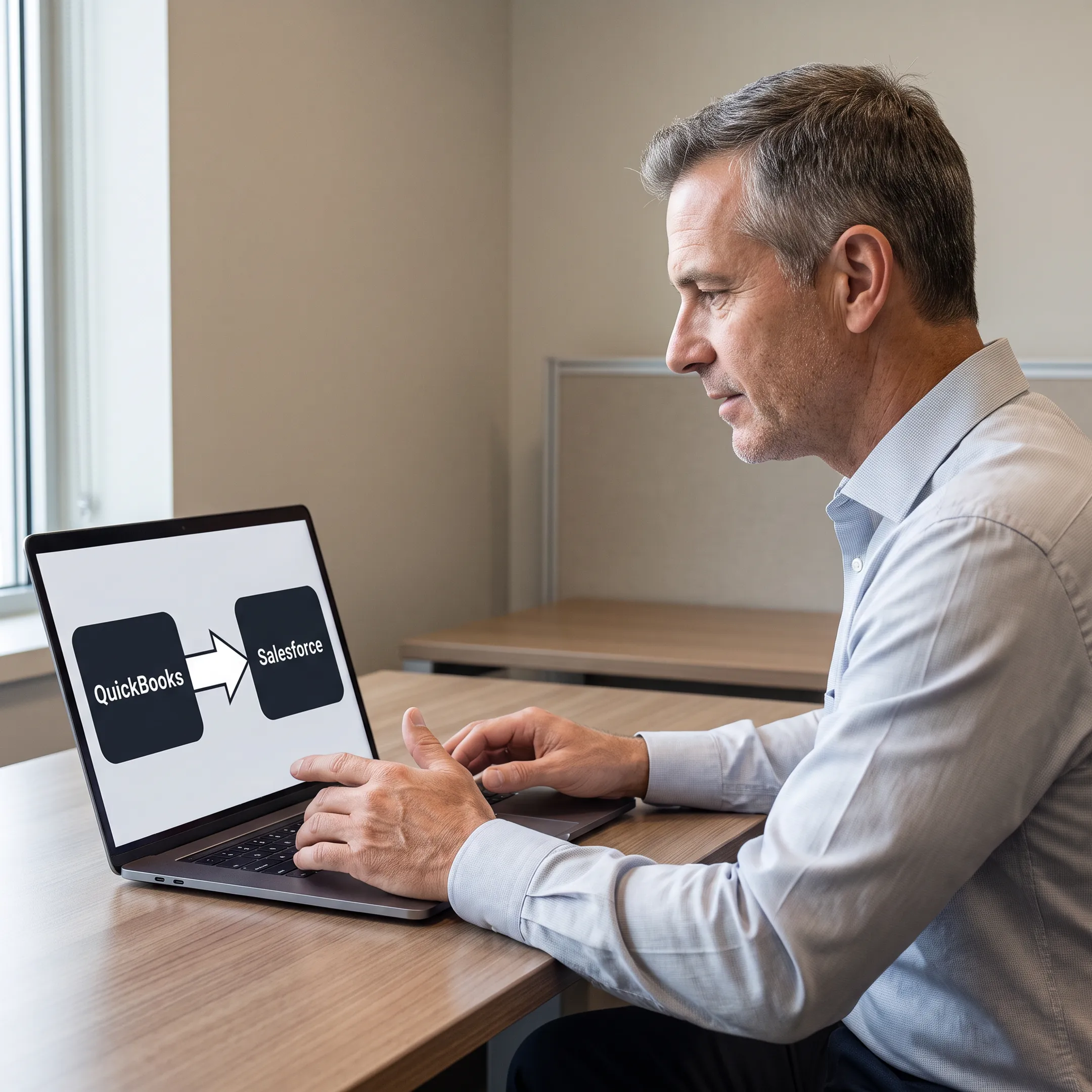 Consultant reviewing QuickBooks and Salesforce integration workflow on a laptop
