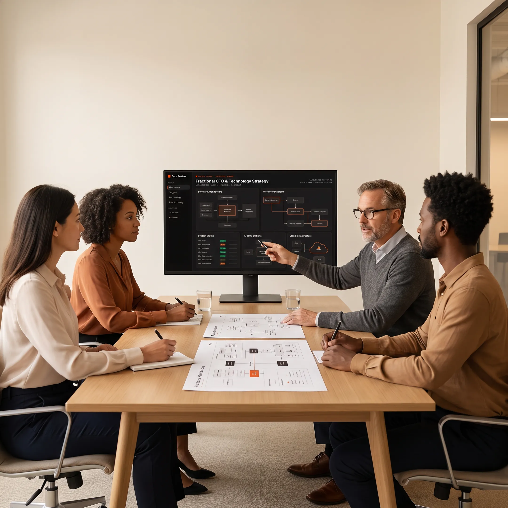 Technology leader reviewing software architecture and workflow plans with a business team