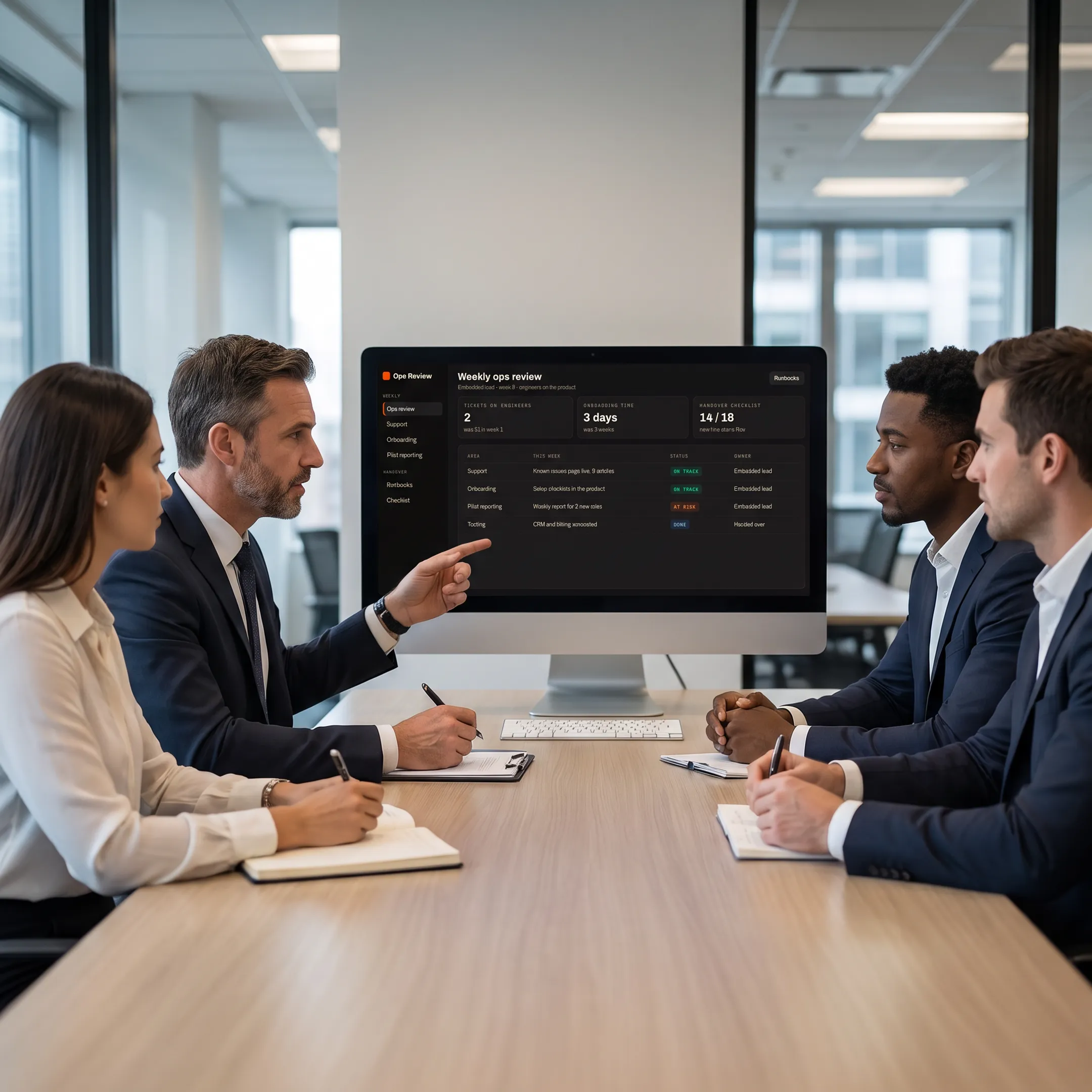 Consultant reviewing a stalled software project with business stakeholders