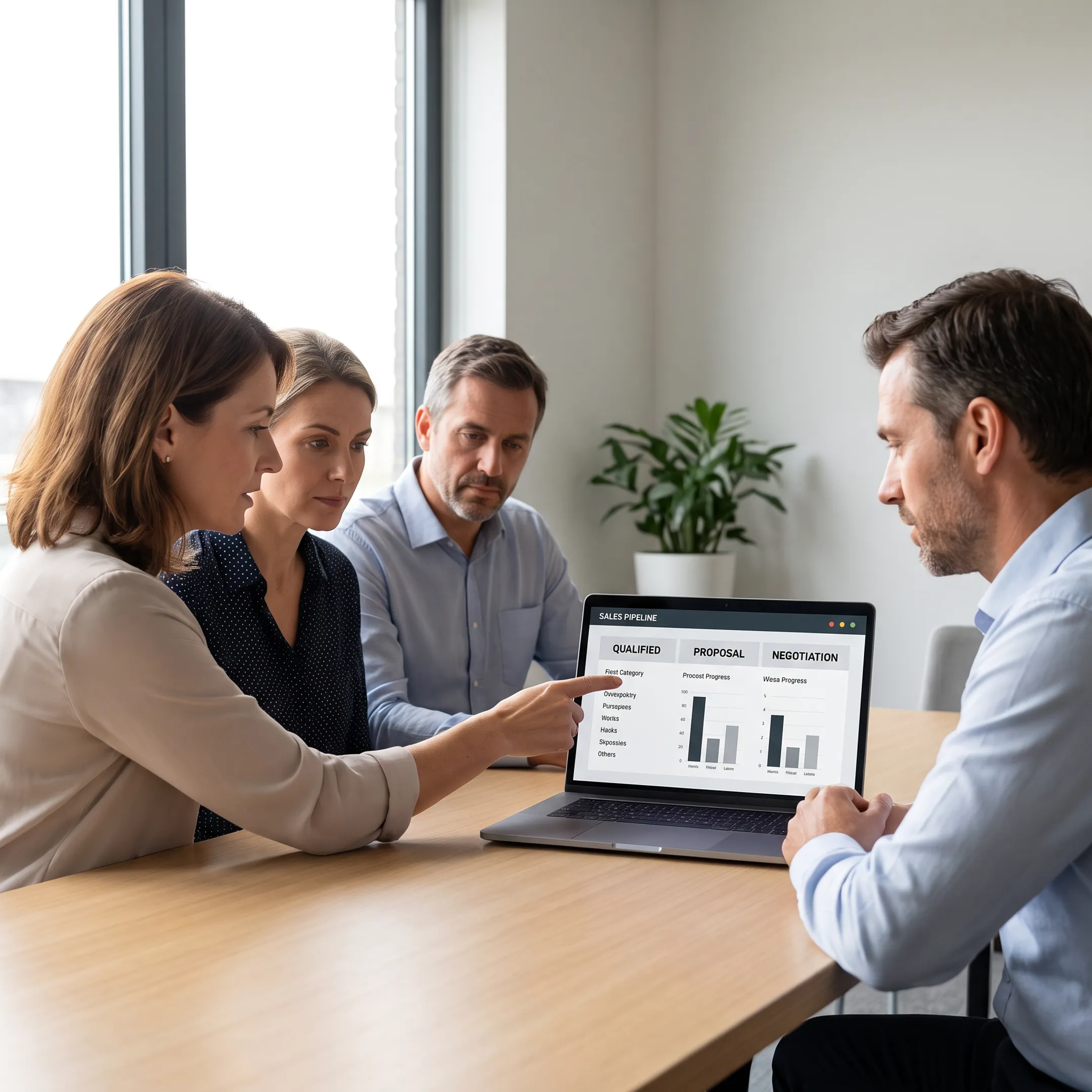 Consultant reviewing sales analytics dashboard with business team