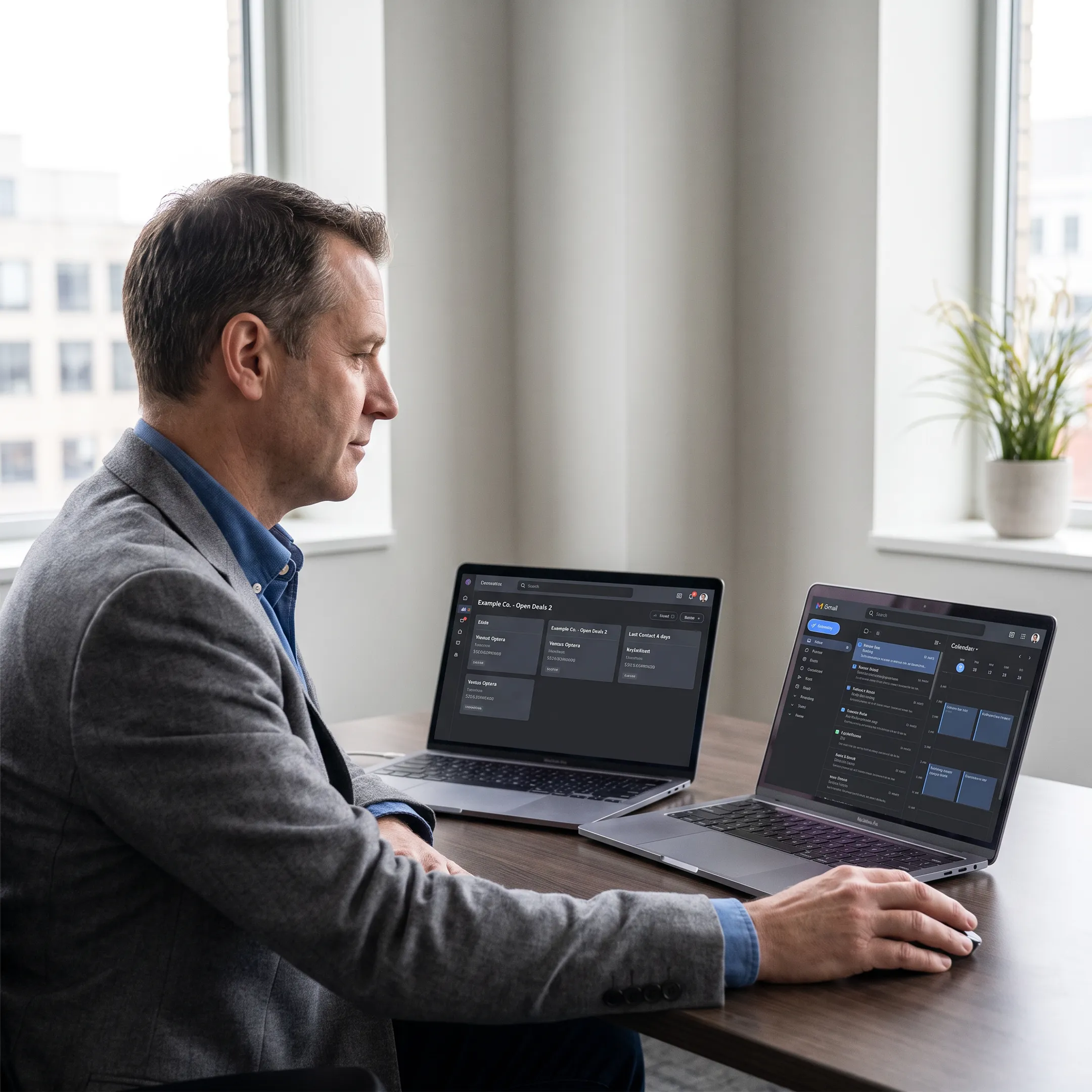Consultant reviewing Salesforce and Outlook integration workflow on a laptop