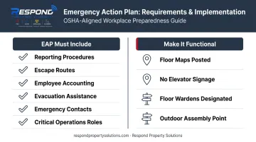 Commercial emergency action plan components and evacuation procedure checklist infographic