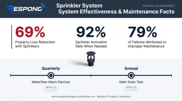 Commercial fire sprinkler effectiveness statistics and maintenance requirements infographic