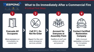 4-step immediate commercial fire response sequence from evacuation to restoration contact