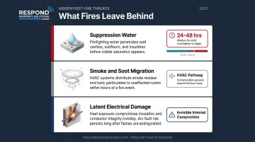 Three hidden post-fire damage threats timeline showing suppression water mold soot and electrical risks