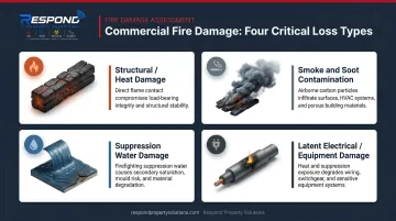 Four commercial fire damage pathways comparison chart with icons and descriptions