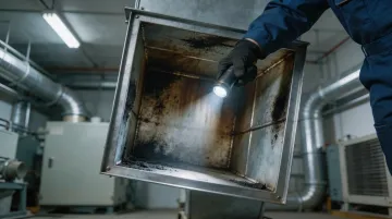 Commercial HVAC ductwork interior showing soot contamination from fire smoke
