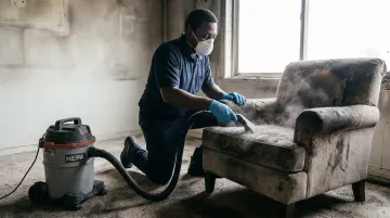 Professional technician using HEPA vacuum on smoke damaged upholstery after fire