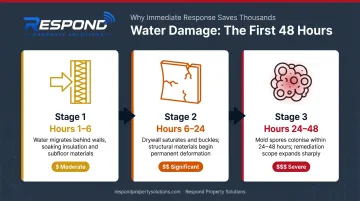 Water damage progression timeline from hours 1 to 48 showing mold risk