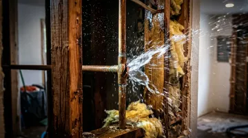 Burst water pipe spraying water with visible pipe damage and flooding