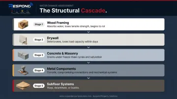 5-stage structural water damage cascade from moisture infiltration to failure