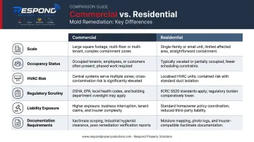 Six key differences between commercial and residential mold remediation comparison infographic
