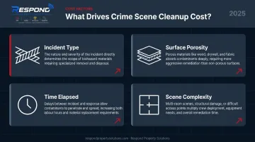 Four primary crime scene cleanup cost drivers comparison infographic with icons