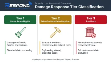 Three-tier fire damage response classification chart with insurance claim implications