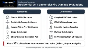 Residential versus commercial fire damage evaluation key differences comparison infographic